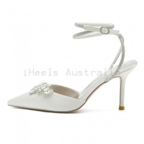 BELLA White Pointy Crystal Bow and Strappy Wedding High Heels