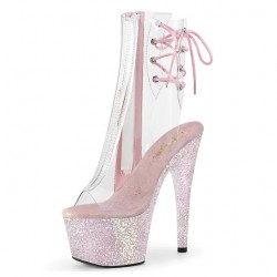 ADORE Clear Open Toe Pink Glitter 7 Inch Heel Platform Stripper Booties