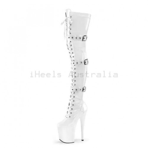 FLAMINGO White Buckle Thigh High Stripper Boots