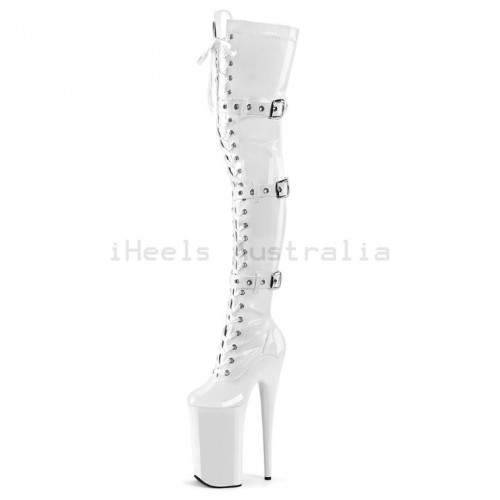 INFINITY White 9 Inch Thigh High Stripper Boots with Buckle