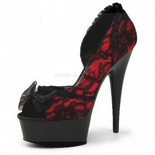DELIGHT Sexy Black/Red Lace Bow Peep Toe High Heels