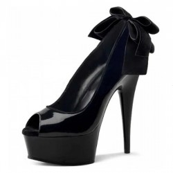 DELIGHT Sexy Black Peep Toe High Heels with Bow on Back