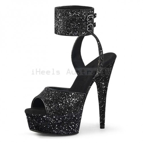 DELIGHT Black Glitter 6 Inch Platform Stripper Heels Ankle Band