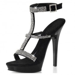 ALLURE Sexy Black Sparkly T Bar High Heel Sandals