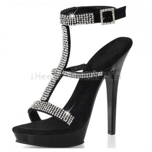 ALLURE Sexy Black Sparkly T Bar High Heel Sandals