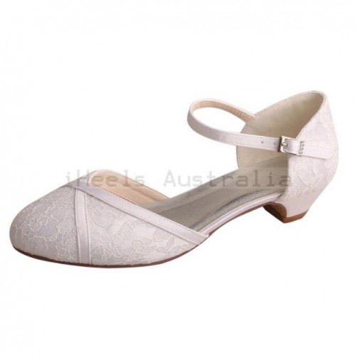 ELLEN White Lace Mary Jane Wedding Shoes Low Heel