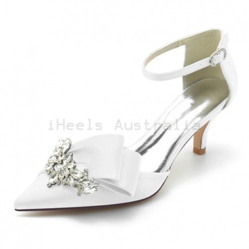 BELLA White Low Heel Wedding Shoes with Asymmetric Bow