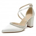 BELLA Ivory Pearl Closed Toe Wedding Shoes Block Heel