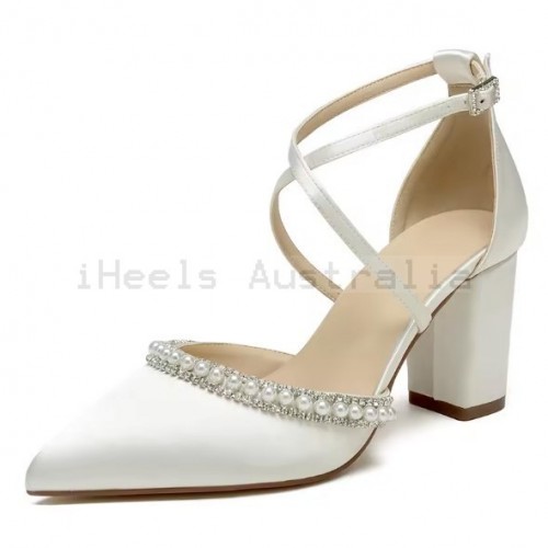 BELLA Ivory Pearl Closed Toe Wedding Shoes Block Heel
