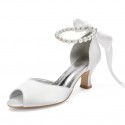 BELLA Ivory Peep Toe Wedding Low Heels with Pearl Ankle Strap