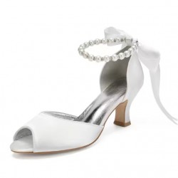 BELLA Ivory Wedding Low Heels with Pearl Ankle Strap