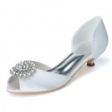 BELLA White Peep Toe Wedding Low Heels with Crystal Bow