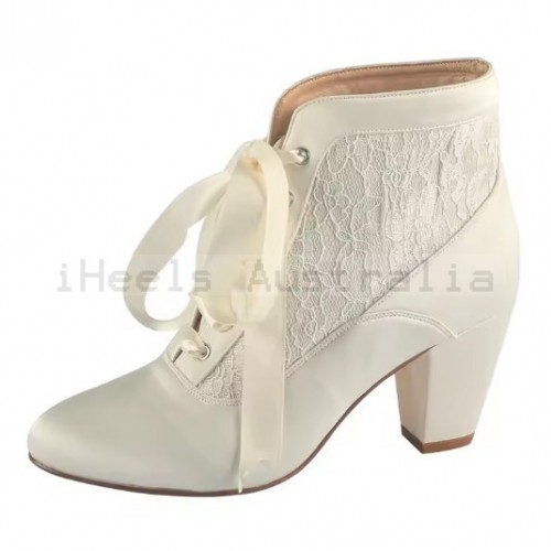 ELLEN Ivory Wedding Boots Block Heel Ribbon Up