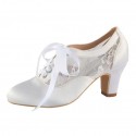 ELLEN White Satin/Lace Wedding Booties Block Heel