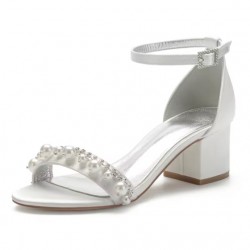 BELLA White Pearl Low Block Heel Wedding Sandals