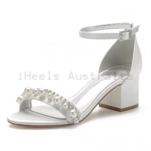 BELLA White Pearl Low Block Heel Wedding Sandals