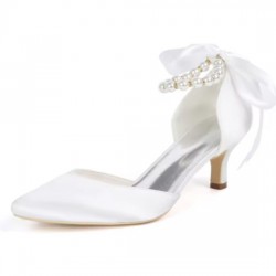 BELLA White Closed Toe Low Heel Wedding Shoes with Pearl Ankle Strap