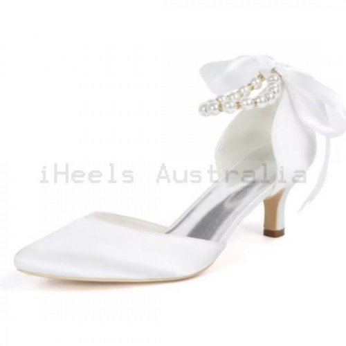 BELLA White Closed Toe Low Heel Wedding Shoes with Pearl Ankle Strap
