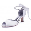 BELLA White Peep Toe Low Heel Wedding Shoes with Pearl Ankle Strap