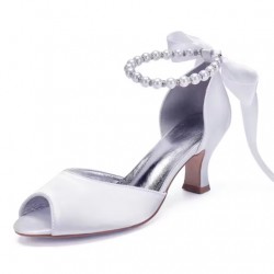 BELLA White Peep Toe Low Heel Wedding Shoes with Pearl Ankle Strap