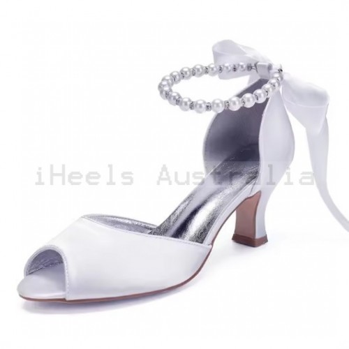 BELLA White Peep Toe Low Heel Wedding Shoes with Pearl Ankle Strap