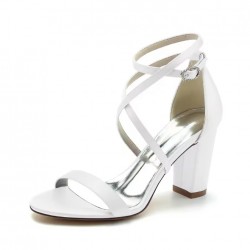 BELLA White Open Toe Block Heel Wedding Shoes