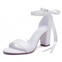BELLA White Open Toe Block Heel Wedding Shoes with Pearl Ankle Strap