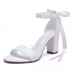 BELLA White Open Toe Block Heel Wedding Shoes with Pearl Ankle Strap