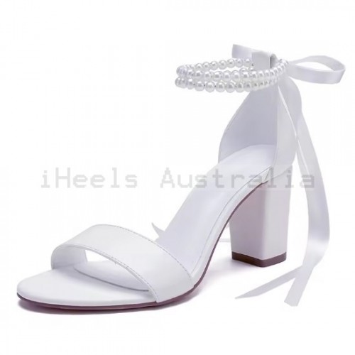 BELLA White Open Toe Block Heel Wedding Shoes with Pearl Ankle Strap
