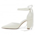 BELLA White Closed Toe Wedding Block Heels with Pearl Ankle Strap