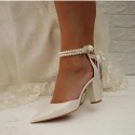 BELLA White Closed Toe Block Heel Wedding Shoes with Pearl Ankle Strap_foot