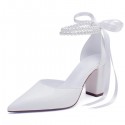 BELLA White Closed Toe Block Heel Wedding Shoes with Pearl Ankle Strap