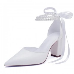 BELLA White Closed Toe Block Heel Wedding Shoes with Pearl Ankle Strap