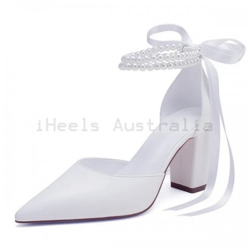 BELLA White Closed Toe Block Heel Wedding Shoes with Pearl Ankle Strap