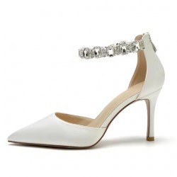 BELLA White Wedding High Heels with Rhinestones Ankle Strap