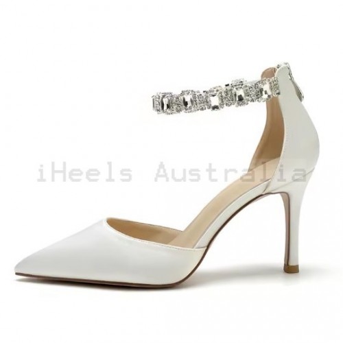 BELLA White Wedding High Heels with Rhinestones Ankle Strap