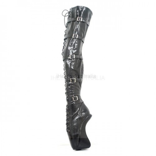 HEELLESS-W51 Black Snake Wedge Heelless Ballet Thigh Boots
