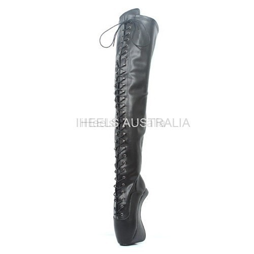 HEELLESS-W52 Black Wedge Heelless Ballet Thigh Boots Lace Up