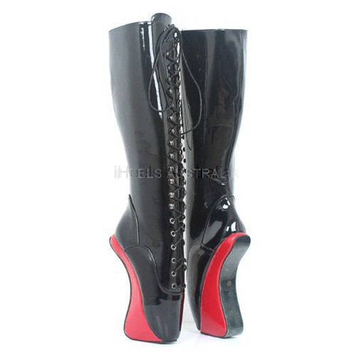 HEELLESS-W42 Black/Red Wedge Heelless Ballet Knee Boots Lace Up