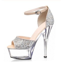 ALLURE-SG15 Silver Glitter Open Toe Clear 6" Heel Pumps With Beige Ankle Strap