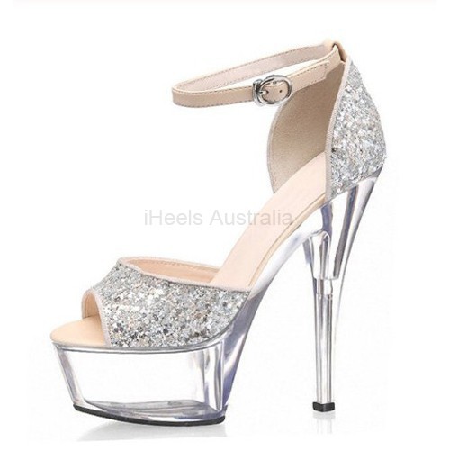 ADORE Glitter/Clear 6 Inch Open Toe Platform Heels with Beige Ankle Strap