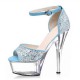 ADORE Glitter/Clear 6 Inch Open Toe Platform Heels with Blue Ankle Strap