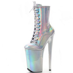 GAGA Silver Holographic Platform 9 Inch Heel Ankle Boots Lace Up