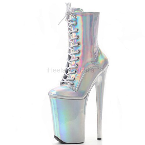 GAGA Silver Holographic Platform 9 Inch Heel Ankle Boots