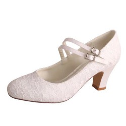 ELLEN White Lace Mary Janes Duo Straps Wedding Block Heels