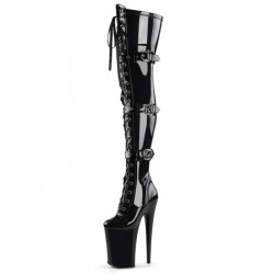 INFINITY-2313 Black Buckle Strap 9 Inch Heel Thigh Boots