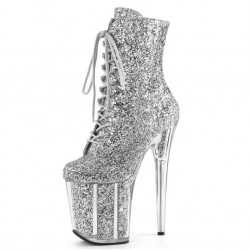 FLAMINGO Silver Glitter Filled 8 Inch Platform Heel Pole Dance Ankle Boots