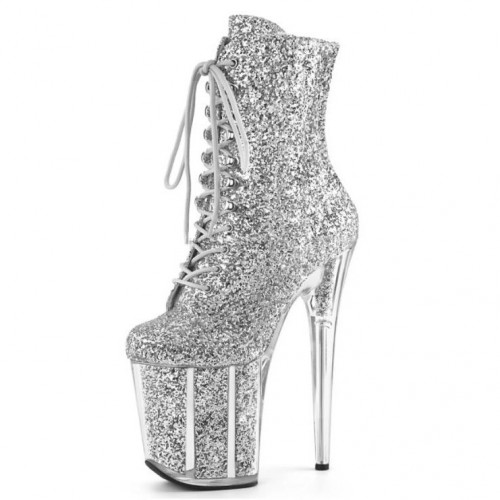 FLAMINGO Silver Glitter Filled 8 Inch Platform Heel Pole Dance Ankle Boots