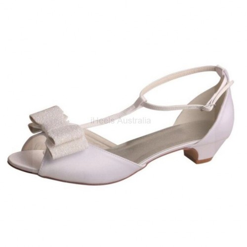 ELLEN Bow White T Bar Wedding Shoes Low Heels