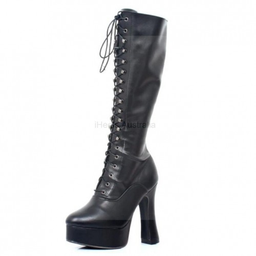 GAGA Black Matt Platform Gogo Boots Knee High Lace Up